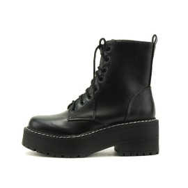 Soda FLING Women Chunky Lug Sole Lace up Fashion Combat Ankle Boot w/Side Zipper (BLACK PU, numeric_7_point_5)