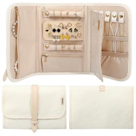 Voova Travel Jewelry Holder Organizer Case, Small Jewelry Storage Bag for Women Girls, Foldable Traveling Jewellery Pouch Roll for Necklaces Rings Earrings Bracelets, Mini, Apricot,Grey,Pink - Color: Apricot