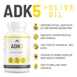 ALPHA RISE ADK Vitamin Supplement + Olive Oil for Better Absorption | ADK 5 Supplement with Vitamin A D and K | 5000 iu of Vitamin D3 + K2 (MK7+MK4) | 90 Liquid Capsules | Vegetarian | Non-GMO