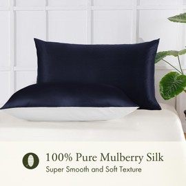 LILYSILK Silk Pillowcase for Hair and Skin 19mm Silk Bed Pillow Case with Cotton Underside King 20X36 Inch Navy Blue 1pc