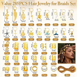 Pack of 285 Jewellery Hair Spiral Clips, Golden Hair Accessories for Braids, Dreadlock Hair Accessory Set, Accessories for Hair Braids, for Decorating Women's and Men's Hair
