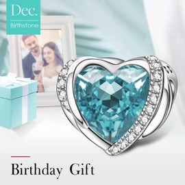 NINGAN December Birthstone Charms for Charms Bracelet, Angel Wings 925 Sterling Silver Love Heart Bead Pendant Engraved Joyful,Birthday Mother's day Jewelry for Women