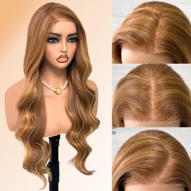 Honey Blonde Lace Front Wig, 6x5 Wear and Go Glueless Body Wave Synthetic lace front Wigs for Black Women, 26Inch Pre Plucked Pre Cut HD Lace Frontal Wig With Baby Hair (27/30 Honey Blonde, 6x5)