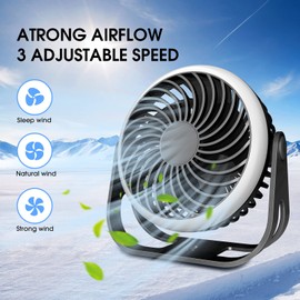 dovecina Mini Ventilator,USB Ventilator Ultra Leise,Tragbarer Tischventilator 360° Rotieren,3 Geschwindigkeiten,LED-Licht,2500mAh Akku,für Büros,Schlafzimmer,Zelt,Reisen (Schwarz)