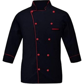 New Executive Contrast Piping Men's Chef Coat Unisex Chef'Jacket With Exp Ship (Black With Red piping, Medium)