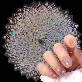 30 Sheets Aurora Nail Art Stickers Decals Heart Star Moon Nail Stickers Holographic Laser Nail Decals Lace Flowers Leaf Butterfly Snowflake Nail Supplies Nail Art Design Decoration Accessories