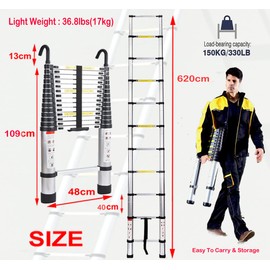 6.2M 20.3ft Aluminum Telescoping Ladder DIY Heavy Duty Extension Ladder with Roof Hook Kit Loft Folding Portable Ladder Max. Loading 150kg/330lb
