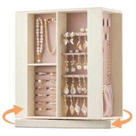 Jewelry Box Organizer for Women: 360 Rotating Vertical Storage Case, Ivory Leather with Pink Velvet, Ring Necklace Bracelet Holder, Gift Decor, 10 x 8.7 x 3.9 in