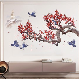 WOHAHA Chinese Style Ink Painting Wall Decals Tree Branch Plum Blossom Wall Stickers Peel and Stick Flying Bird Ancient Pagoda Bedroom Living Room Wall Art Murals Decor