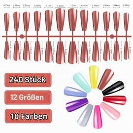 Pack of 240 Extra Long False Nails, Plain False Nails, Ballerina Coffin, Full Colour, Full Cover Nail Tips for Women, Girls, DIY Nail Art, Salon (10 Colours & 12 Sizes)