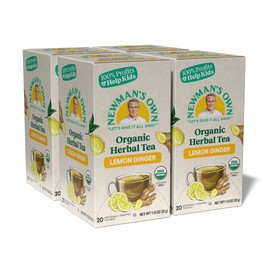 Newman's Own Organic Lemon Ginger Herbal Tea with Rooibos Tea with Organic Ginger 20 Individually Wrapped Tea Bags USDA Certified and Kosher Cinnamon Tea Caffeine-Free (Pack of 4)