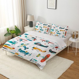 Yasida Kids Airplane Comforter Set Queen Size Colorful Cartoon Propeller Plane Bedding Set Kids Boys Bedding Sets Queen Teens Cartoon Airplanes Down Comforter Aviation Theme Duvet Bedroom Decor