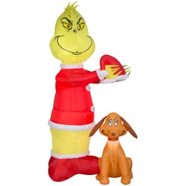 Gemmy Animated Airblown Inflatable Grinch Putting Santa Hat on Max Scene Dr. Seuss, 6 ft Tall