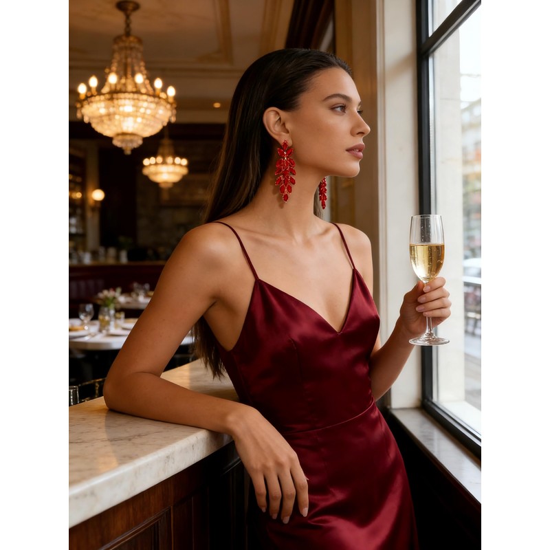 Rhinestone Statement Earrings Red Crystal Dangle Earrings Long Crystal Chandelier