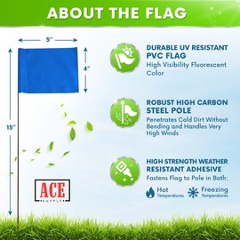 Blue Marking Flags 100 Pack - ACE Supply - 4x5-Inch Blue Flag on 15-Inch Wire - Small Yard Flags, Marker Flags for Lawn, Irrigation Flags, Lawn Flags Markers, Landscape Flags, Survey Flags, Sprinkler Flags, Compatible with Invisible Fence Flags