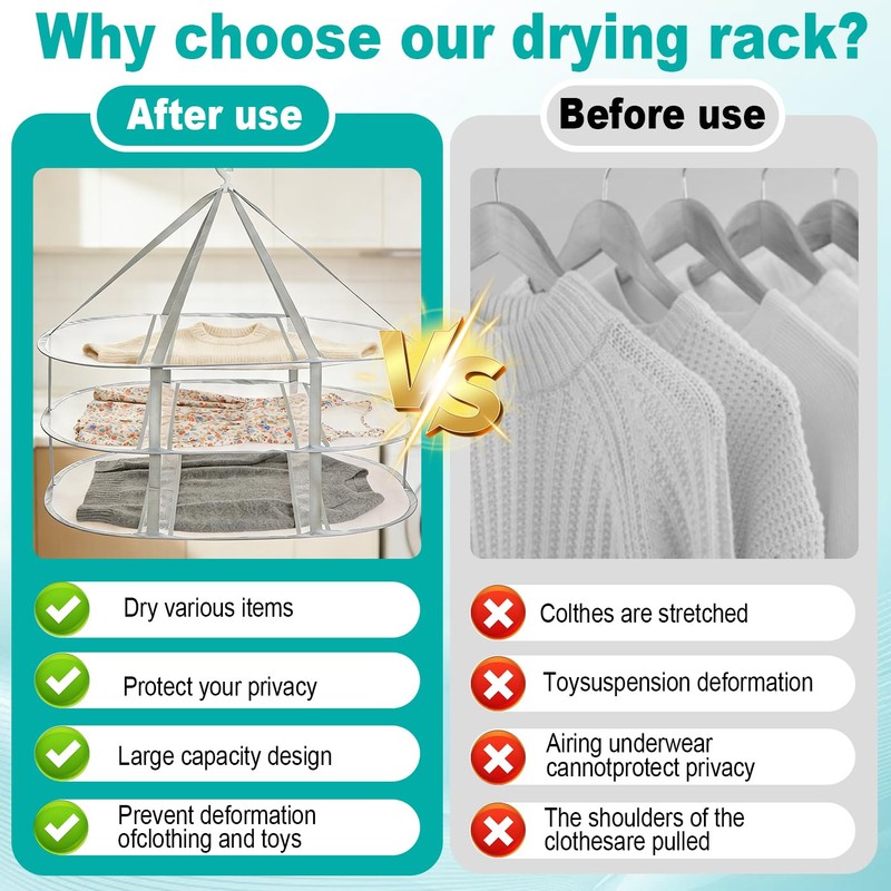 3-Tier Folding Mesh Clothes Drying Rack, Hanging Sweater Dryer for