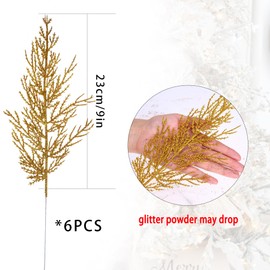 Felice Arts 6 Pack Artificial Flat Golden Glitter Pine Needles 13" Fake Christmas Picks Decorative Glitter Sticks for Vase Christmas Tree DIY Wreath Crafts Fireplace Decor