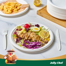 JOLLY CHEF 100% Compostable Paper Plates, 150 Pack 10 Inch Heavy Duty Plates, Disposable Biodegradable Eco-Friendly Sugarcane, Bulk White