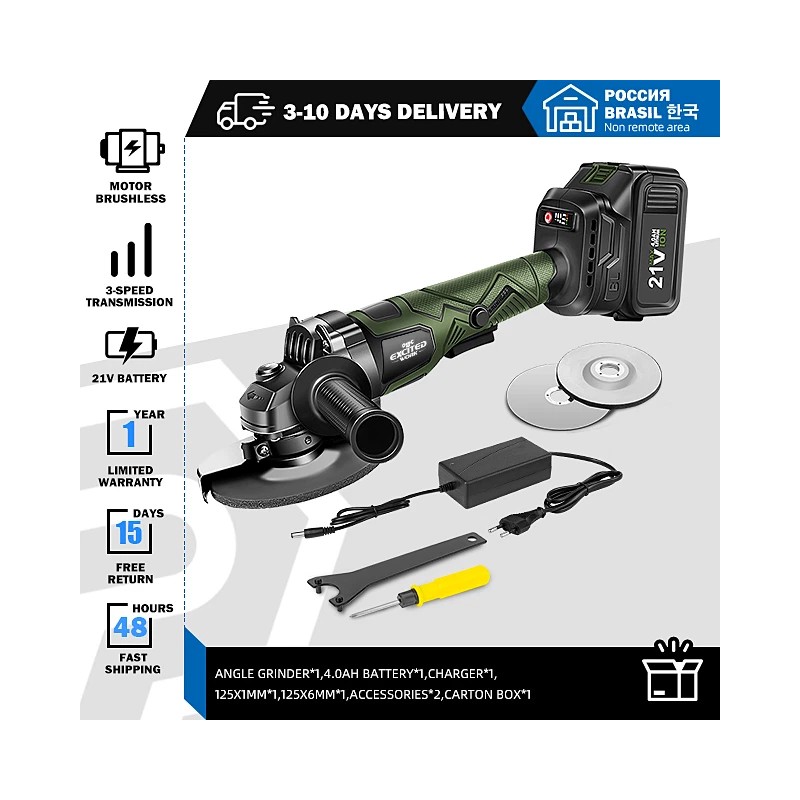 Excited Work 20V Cordless Angle Grinder, 7500RPM Brushless Motorwith 2PCS