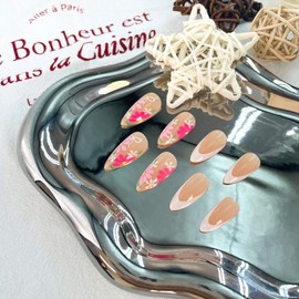 24Pcs White French Tip Press on Nails Flowers Glossy Artificial False Nails Pink and White Floral Full Cover Glue on Nail Short Almond Acrylic Fake Nail Reusable for Women