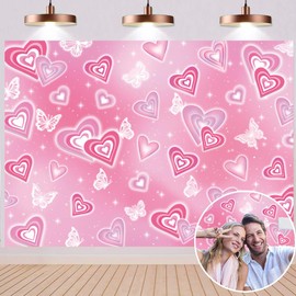 Pink Heart Photo Backdrop Early 2000s Valentine's Day Butterfly Photography Background 90s Girl Women Valentine Anniversary Birthday Party Decorations (Pink, 7x5FT)