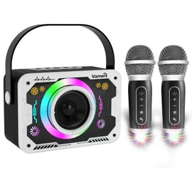 Karaoke Machine with 2 Wireless Microphones, Disco Lights, Portable Bluetooth Speaker, PA System for Adults and Kids, Home Party (White)