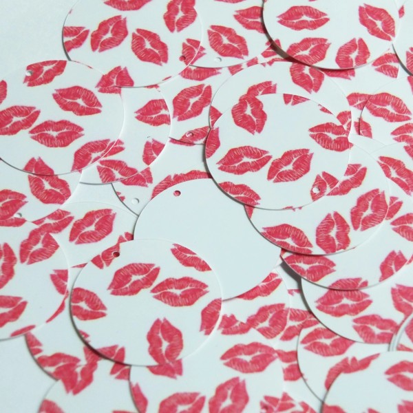Unbranded Round Sequin 30mm Red Kiss Lipstick Lips on White