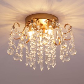 Q&S Small Chandelier,Modern Gold Mini Crystal Chandelier Ceiling Light Fixture for Bedroom,Hallway,Entryway E12 3-Light.