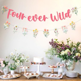 Fangleland Wildflower Birthday Banner Garland, Four Ever Wild Floral Theme 4th Bday Party Decor Supplies for Girls