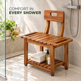 23.4 Inch Acacia Wood Shower Chair with Removable Backrest, 450 lb Capacity, Storage Shelf and Non-Slip Feet
