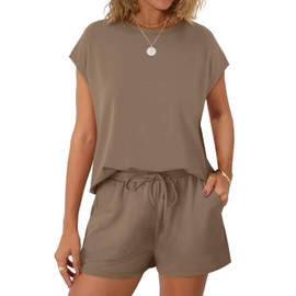 WIHOLL Two Piece Sets for Women Casual Lounge Sets Summer Outfits Matching Set Women Clothing Business Casual Vacation Travel Outfits Crew Neck Tops Set Coffee 2025 M