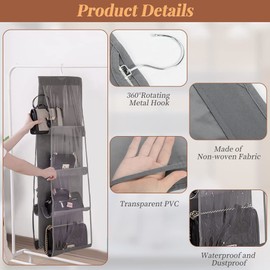 2 Pack Handbag Storage Hanging Organizer - Space Saving Wardrobe Closet Organizers, 8 Clear Pockets, Wardrobe Clothes Organiser, Washable - Ideal for Bag, Clothes & Over Door Storage, Grey