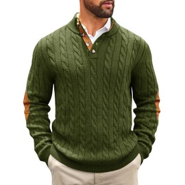 Runcati Mens Cable Knitted Pullover Sweater Casual Stand Collar Winter Warm Quarter Button Sweaters Army Green