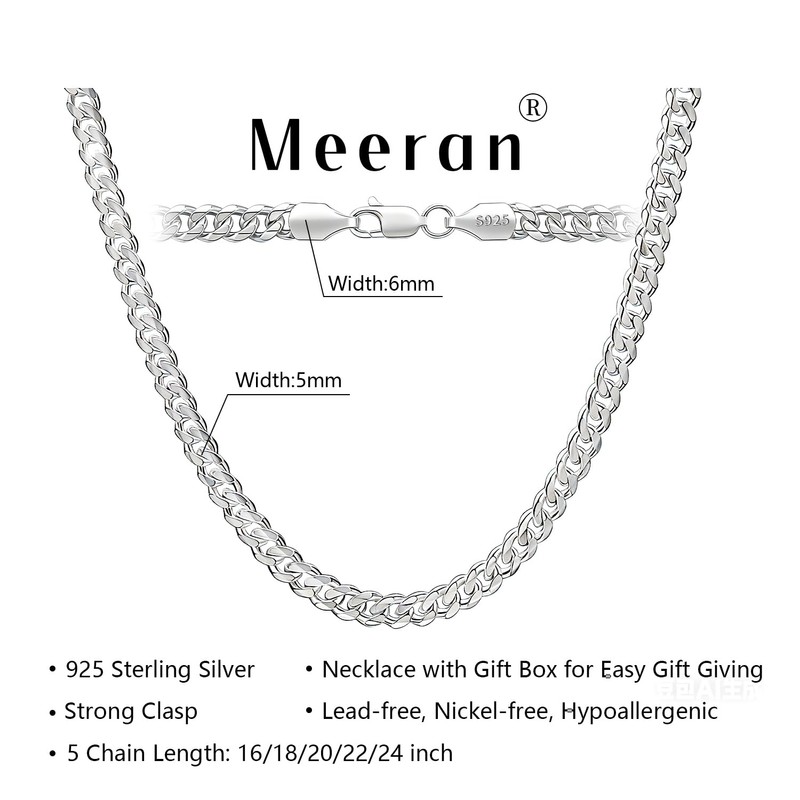 Meeran 5mm Cuban Link Chain for Men, 925 Sterling Silver