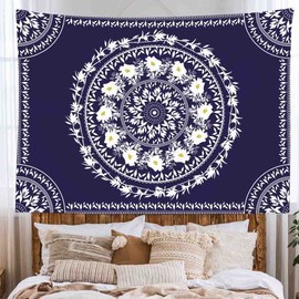 Ulticool - Mandala Flowers White Leaves Nature - Tapestry - 200 x 150 cm - Large Tapestry - Poster Decoration - Hippie Accessories Bohemian - Decoration - Cloth - Blue