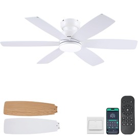 Kviflon 46 inch Ceiling Fans with Lights and Remote/APP Control, Low Profile Ceiling Fan with Light, Flush Mount, 3CCT, 6 Reversible Blades 6 Speeds Modern Ceiling Fan for Bedroom Living Room, White