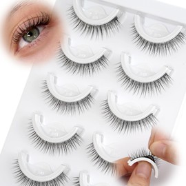 Self Adhesive Lashes False Eyelashes - Update More Stronger 10mm Natural Cat Eye Pre-glued Fake Lashes Waterproof Gluess Wispy No Glue Needed Reusable Strip Lashes 5 Pairs by EMEDA(10mm L08)
