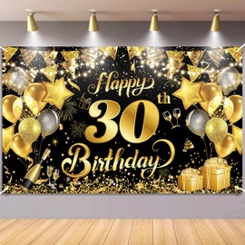 30th Birthday Banner Black Gold, Waylipun Birthday Party Decorations, Birthday Banner Background Banner for Woman Man, 180 x 110 cm