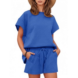 Tankaneo Womens Loungewear Set Short Sleeve Tops and Shorts 2 Piece Outfits Matching Lounge Pajama Set with Pockets Blue