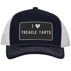 I Heart Love Treacle Tarts - Leather Black Patch Engraved Trucker Hat, Navy-White, One Size