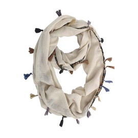 Beige Jersey Knit Circle Scarf With Multicolor Tassels