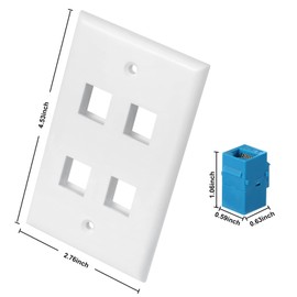Ethernet Wall Plate 4 Port, Cat 6 Ethernet Wall Outlet Female-Female, Compatible with Cat7/6/6e/5/5e RJ45 Jack Keystone Inline Coupler Wallplate Devices - Ethernet Plug In Wall Outlet - Blue