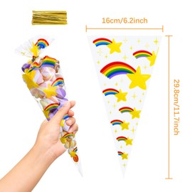 GWHOLE Rainbow Cones Bags,100PCS Rainbow Cellophane Treat Bags Sweet Bags Cookie Bags with 120 Ties for Party,Birthday,Party Favor Supplies