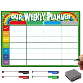 The Magnet Shop Weekly Family Planner A3 / A4 - Magnetic Dry Wipe Whiteboard for Organising Your Chores, Meals, Home, School. Use as a Fridge Magnet with 4 Multi-Coloured Pens and Eraser (Green, A3)