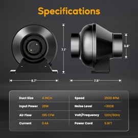 Simple Deluxe 4 Inch 195 CFM Ventilation System Fan, Air Carbon Filter and 8 FT PVC Ducting for HVAC Heating Cooling