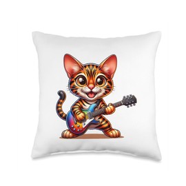 Bengal Kitten Funny Guitarist Tees Bengal Cat Guitarist-Electric Guitar Feline Star Throw Pillow, 16x16, Multicolor