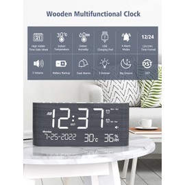 Dual Wooden Alarm Clock for Bedroom,Digital Clock with Weekday /Weekend/Every Day/One Day,Humidity&Temperature,Date,Time,Week,Brightness,Snooze,Phone Charger,Wood LED Desk Clock for Office Home Travel