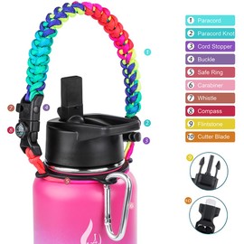 Amiter - Botella aislada con popote y tapa de boquilla, botellas de agua de acero inoxidable de boca ancha con mango de paracaídas, 40 onzas