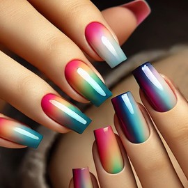 Press on Nails Square Colourful Ombre Chrome Spring Handmade Gel Glue on Nails, 24Pcs Glossy Reusable UV Finish Fake Nails Acrylic False Nails Manicure Kits for Women