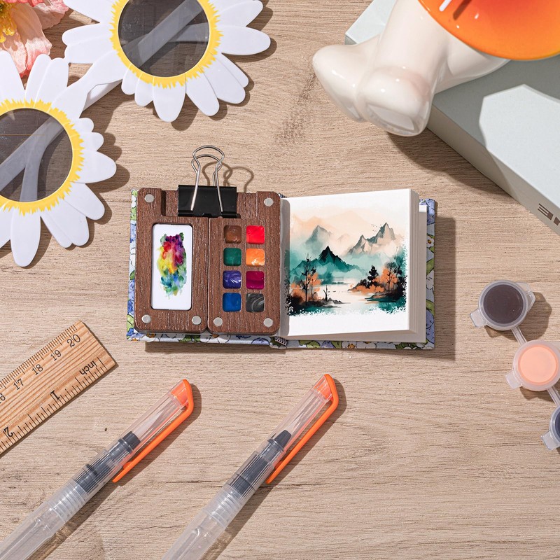 Qilery Mini Portable Watercolor Palette Set Wooden Grid Paint Box
